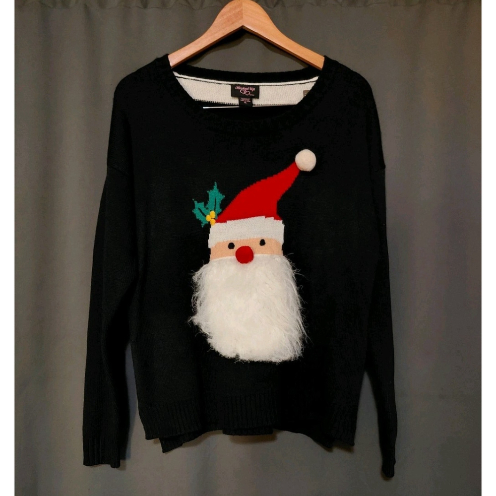 Hooked Up Women’s Christmas Holiday Sweater Santa, Black, White Striped Size XL
